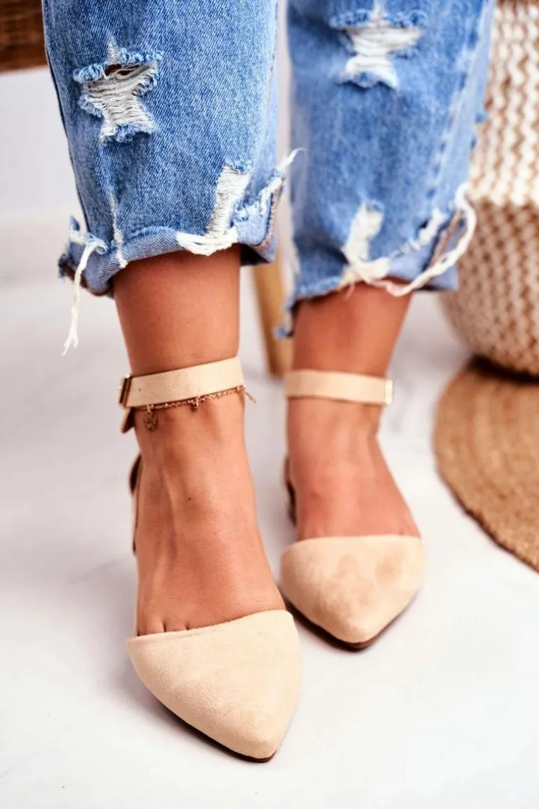 Baleriny Damskie Beżowe Na Pasek W Szpic Allison