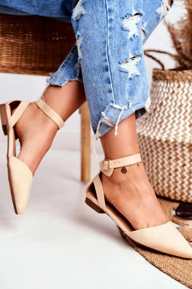 Baleriny Damskie Beżowe Na Pasek W Szpic Allison