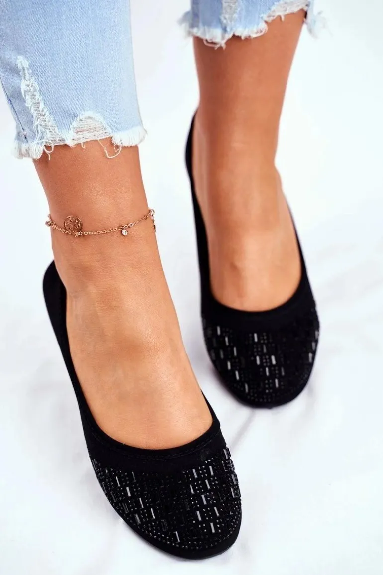 Baleriny Damskie Czarne z Cyrkoniami Amantero