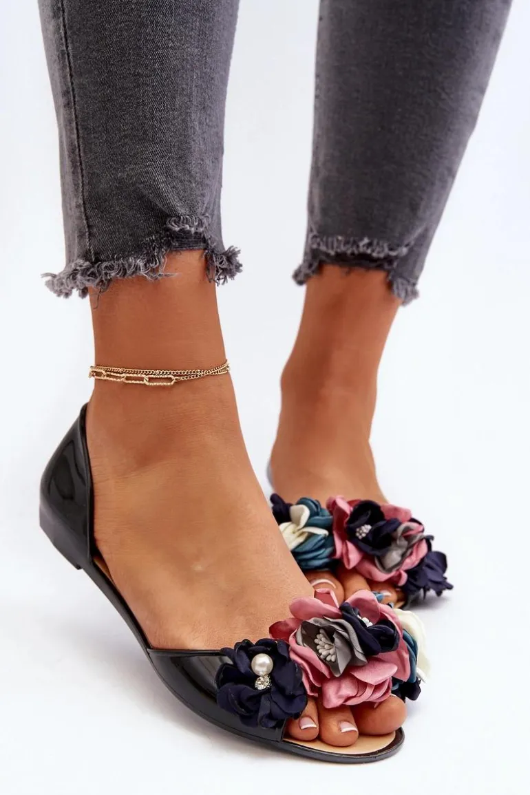 Baleriny Damskie Gumowe Z Kwiatami Czarne Junikla