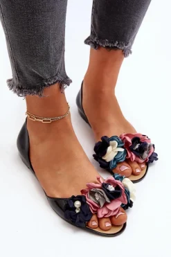 Baleriny Damskie Gumowe Z Kwiatami Czarne Junikla