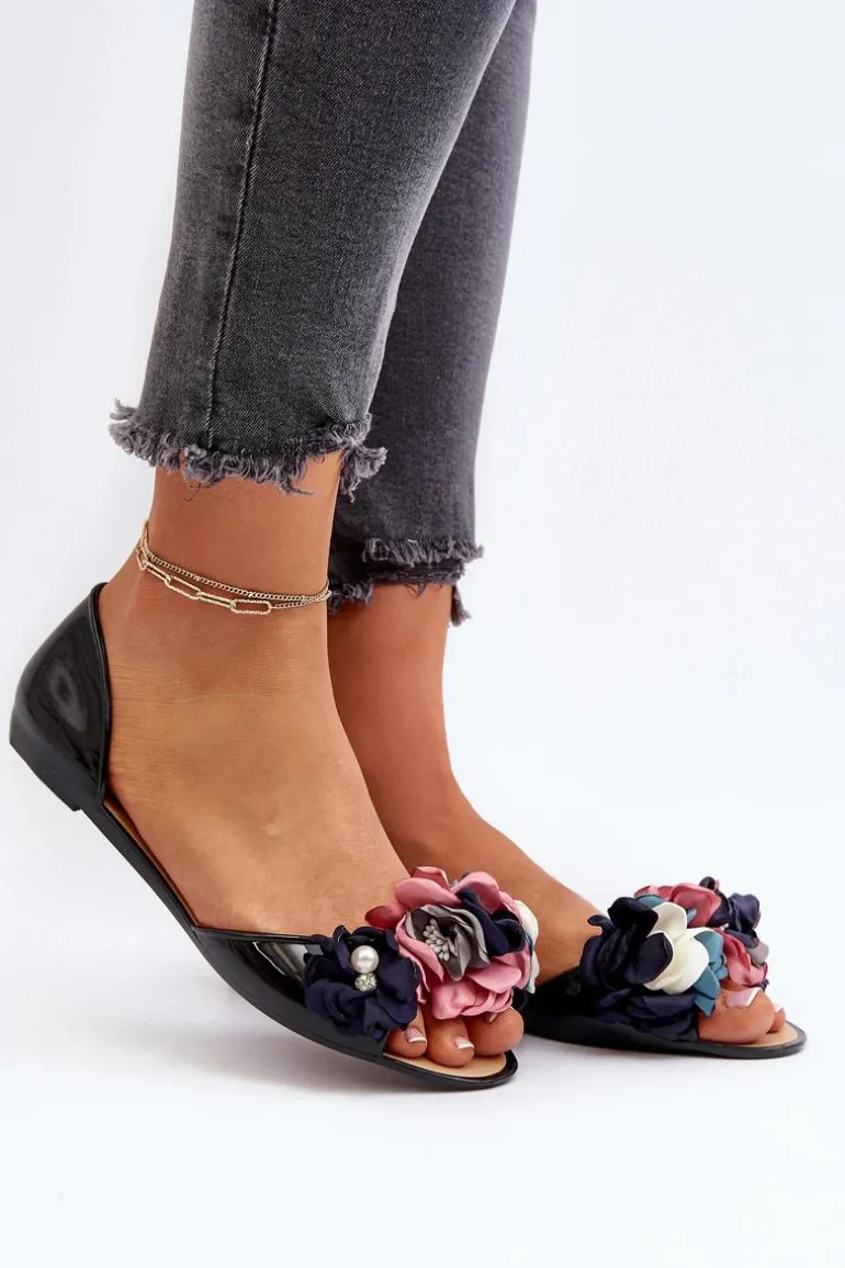 Baleriny Damskie Gumowe Z Kwiatami Czarne Junikla