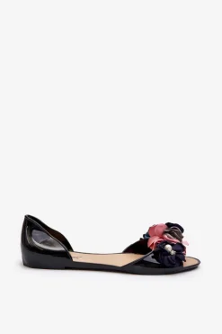 Baleriny Damskie Gumowe Z Kwiatami Czarne Junikla