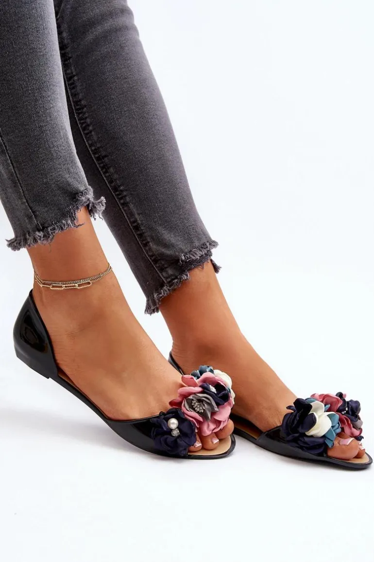 Baleriny Damskie Gumowe Z Kwiatami Czarne Junikla