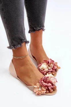 Baleriny Damskie Gumowe Z Kwiatami Beżowe Junikla