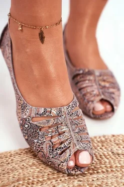 Baleriny Damskie Maciejka Skórzane Brązowe we wzory 03497-21