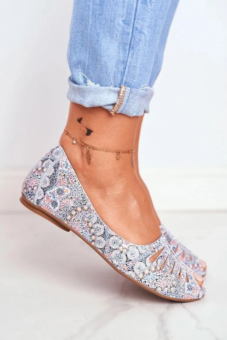 Baleriny Damskie Maciejka Skórzane Biało Niebieskie we wzory 03497-13