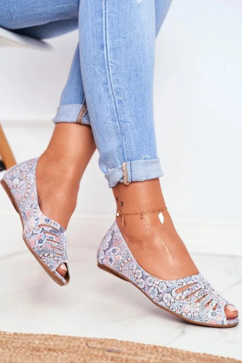 Baleriny Damskie Maciejka Skórzane Biało Niebieskie we wzory 03497-13