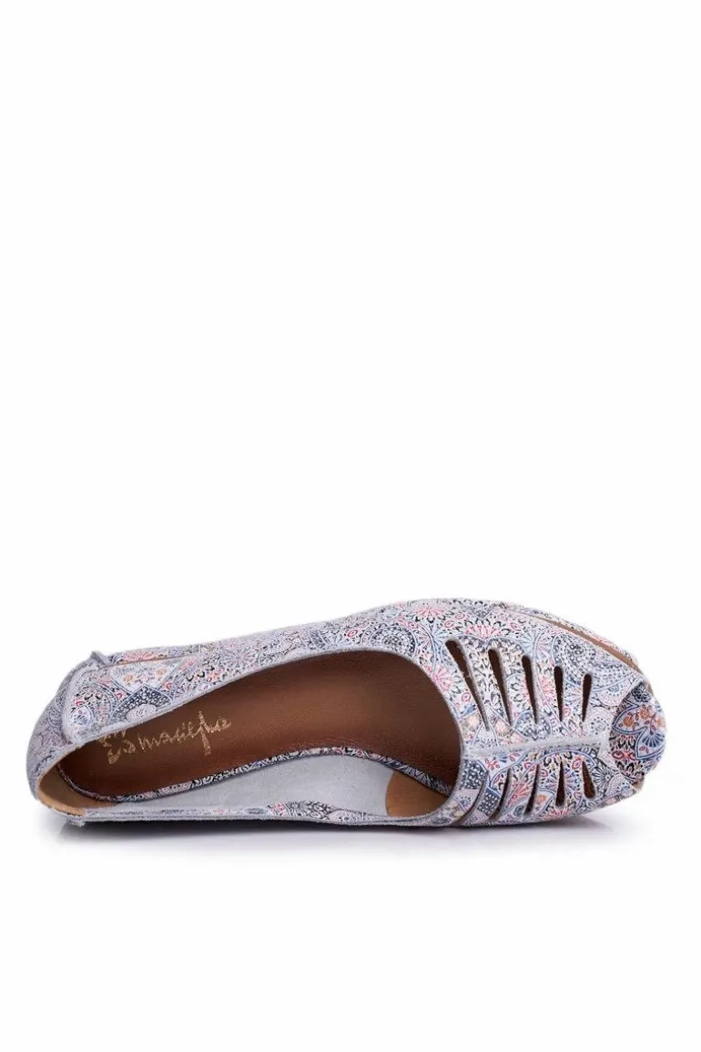 Baleriny Damskie Maciejka Skórzane Biało Niebieskie we wzory 03497-13
