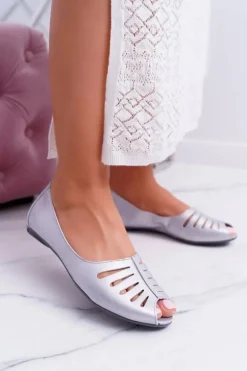 Baleriny Damskie Maciejka Skórzane Srebrne 03497-35