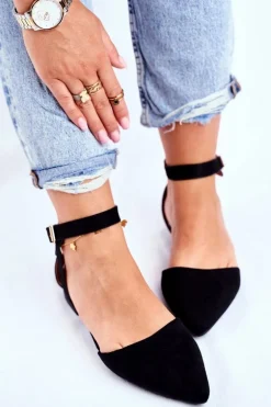 Baleriny Damskie Płaskie Czarne Na Pasek W Szpic Allison