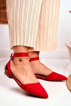 Baleriny Damskie Płaskie Czerwone Na Pasek W Szpic Allison