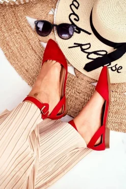 Baleriny Damskie Płaskie Czerwone Na Pasek W Szpic Allison