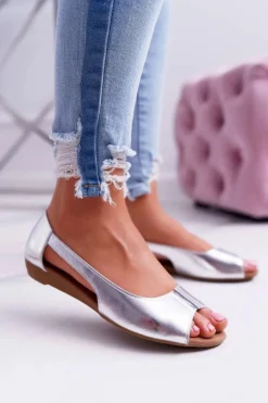 Baleriny Damskie Peep Toe Srebrne Ereli