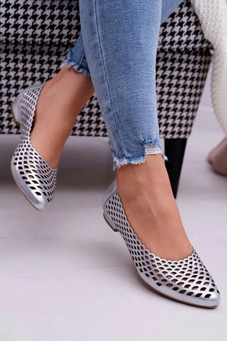 Baleriny Damskie Srebrne Skórzane Exquisite 1107/1