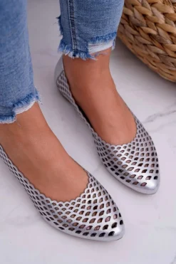 Baleriny Damskie Srebrne Skórzane Exquisite 1107/1