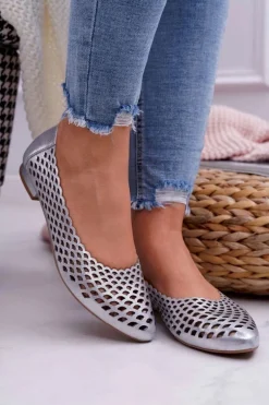 Baleriny Damskie Srebrne Skórzane Exquisite 1107/1