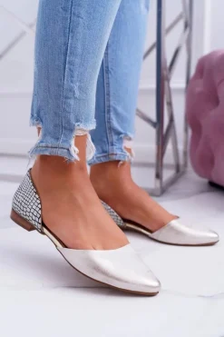 Baleriny Damskie W Szpic Wzór Krokodyla Skórzane Złote Anthem