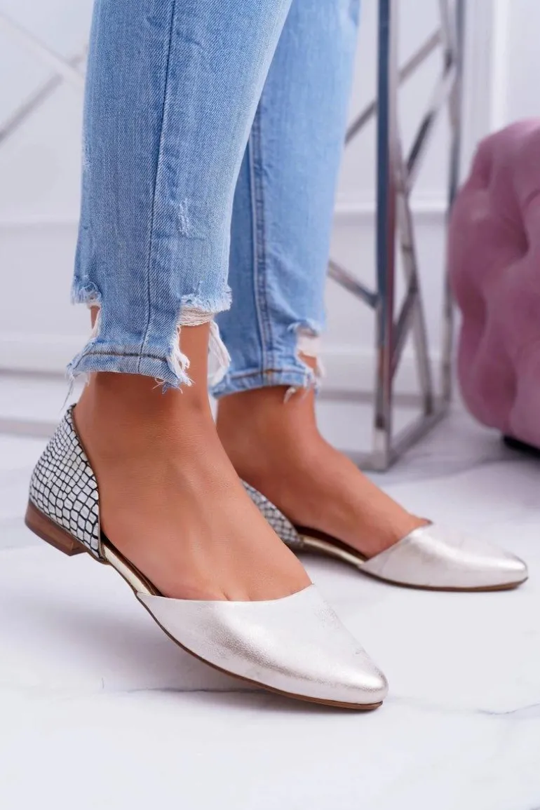 Baleriny Damskie W Szpic Wzór Krokodyla Skórzane Złote Anthem