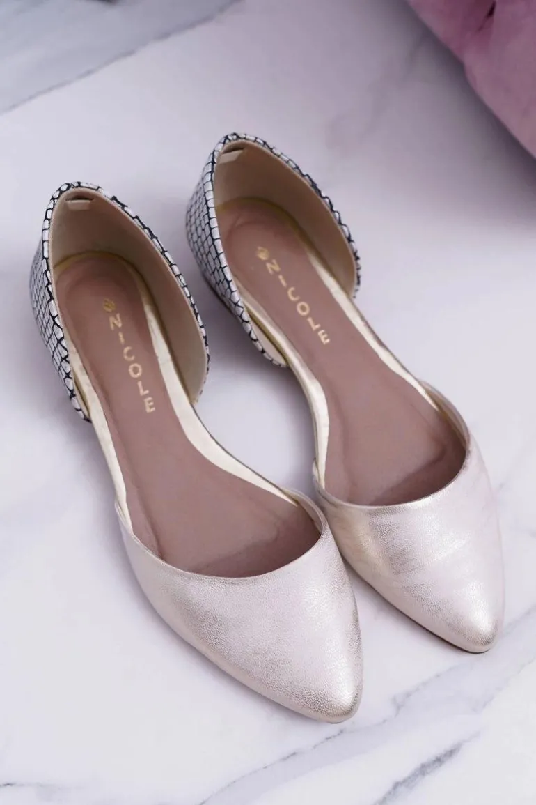 Baleriny Damskie W Szpic Wzór Krokodyla Skórzane Złote Anthem