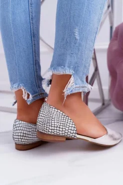 Baleriny Damskie W Szpic Wzór Krokodyla Skórzane Złote Anthem