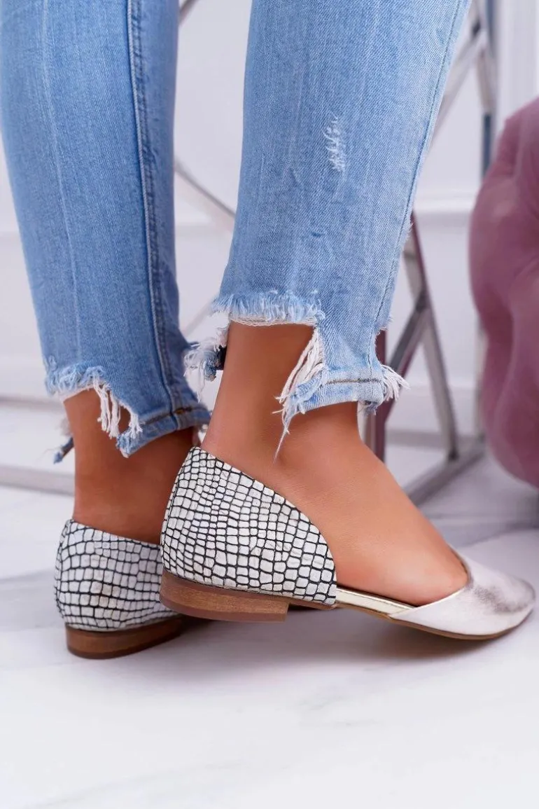 Baleriny Damskie W Szpic Wzór Krokodyla Skórzane Złote Anthem