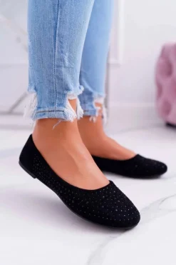 Baleriny Damskie Z Cyrkoniami Zamszowe Czarne Lora