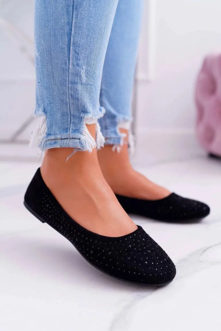 Baleriny Damskie Z Cyrkoniami Zamszowe Czarne Lora