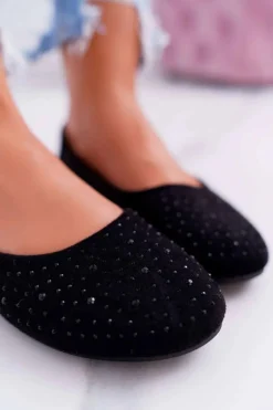 Baleriny Damskie Z Cyrkoniami Zamszowe Czarne Lora