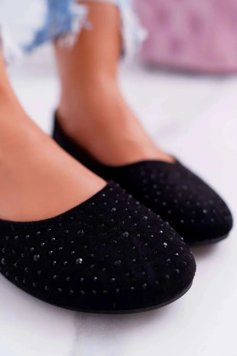 Baleriny Damskie Z Cyrkoniami Zamszowe Czarne Lora