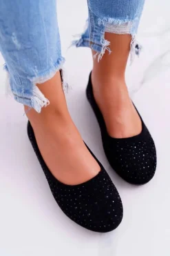 Baleriny Damskie Z Cyrkoniami Zamszowe Czarne Lora