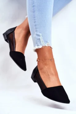 Baleriny Damskie Z Siateczką Zamsz Czarne Fibe