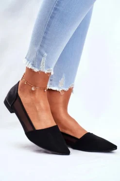 Baleriny Damskie Z Siateczką Zamsz Czarne Fibe