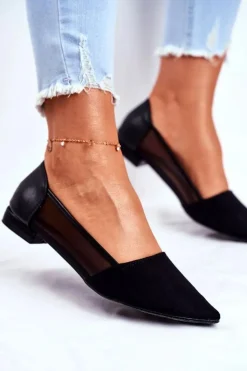 Baleriny Damskie Z Siateczką Zamsz Czarne Fibe