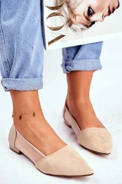 Baleriny Damskie Z Siateczką Zamsz Beżowe Fibe
