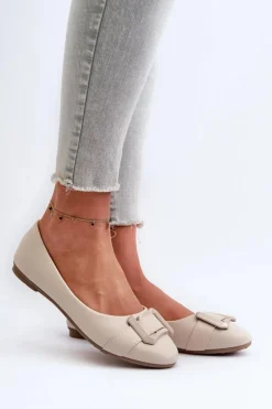 Baleriny Z Paskiem I Ozdobą Eko Skórzane Jasnobeżowe Cadwenla