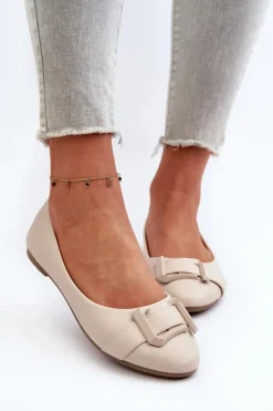 Baleriny Z Paskiem I Ozdobą Eko Skórzane Jasnobeżowe Cadwenla