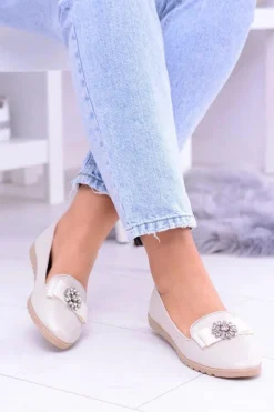 Beżowe Damskie Baleriny Lordsy Cyrkonie Rumi