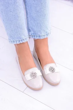 Beżowe Damskie Baleriny Lordsy Cyrkonie Rumi