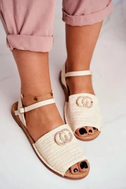 Beżowe Damskie Płaskie Sandałki Lu Boo Plecione Felicia