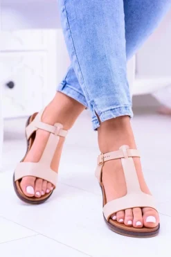 Beżowe Damskie Płaskie Sandałki Sunnyside