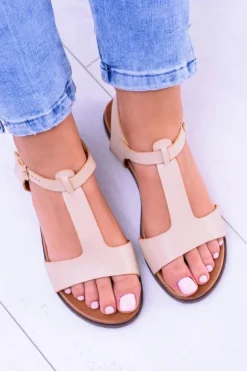 Beżowe Damskie Płaskie Sandałki Sunnyside