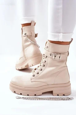 Beżowe Workery Botki z Łańcuchem Midtown