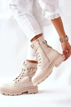 Beżowe Workery Botki z Łańcuchem Midtown