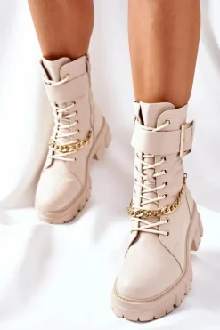 Beżowe Workery Botki z Łańcuchem Klamra Tanaros