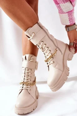 Beżowe Workery Botki z Łańcuchem Klamra Tanaros