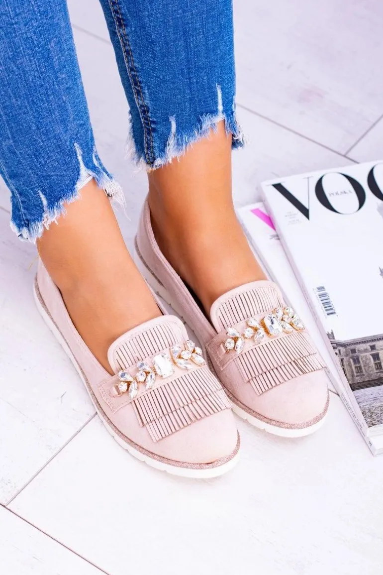 Beżowe Zamszowe Mokasyny z Kryształami Vivaro