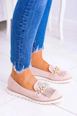 Beżowe Zamszowe Mokasyny z Kryształami Vivaro