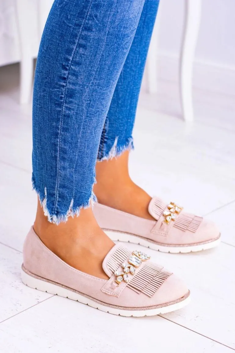 Beżowe Zamszowe Mokasyny z Kryształami Vivaro