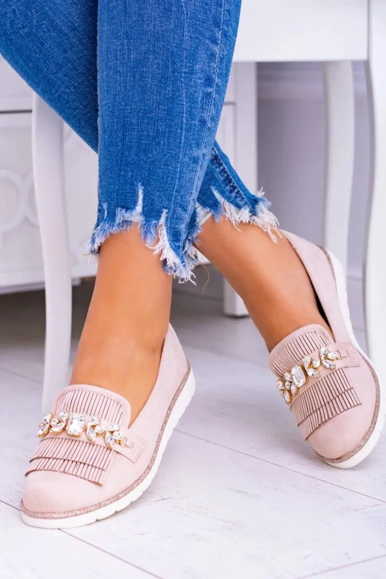 Beżowe Zamszowe Mokasyny z Kryształami Vivaro